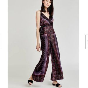 FREE PEOPLE Cabbage Rose silky abstract print crossover wrap boho jumpsuit  SZ 2